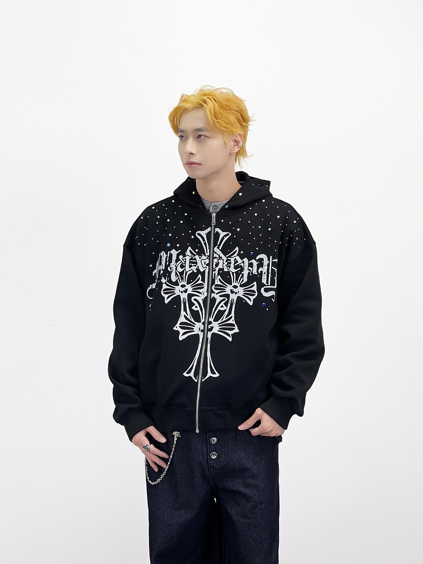 Goth Print Rhinestone Oversize Zipper Hoodie WN24258