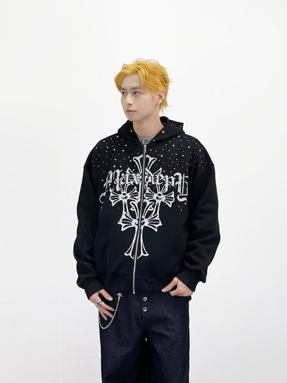 Goth Print Rhinestone Oversize Zipper Hoodie WN24258