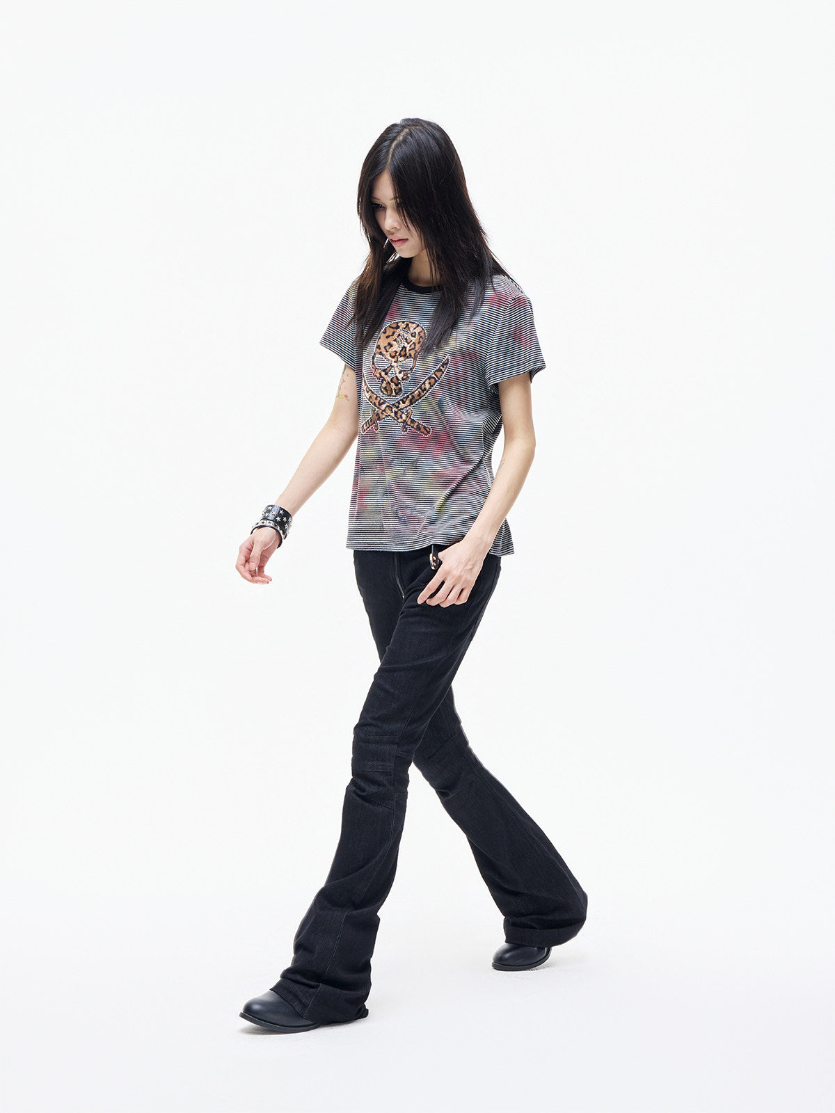 Leopard Skull Patch Stripe Short Sleeve T-Shirt WN27368