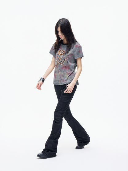 Leopard Skull Patch Stripe Short Sleeve T-Shirt WN27368