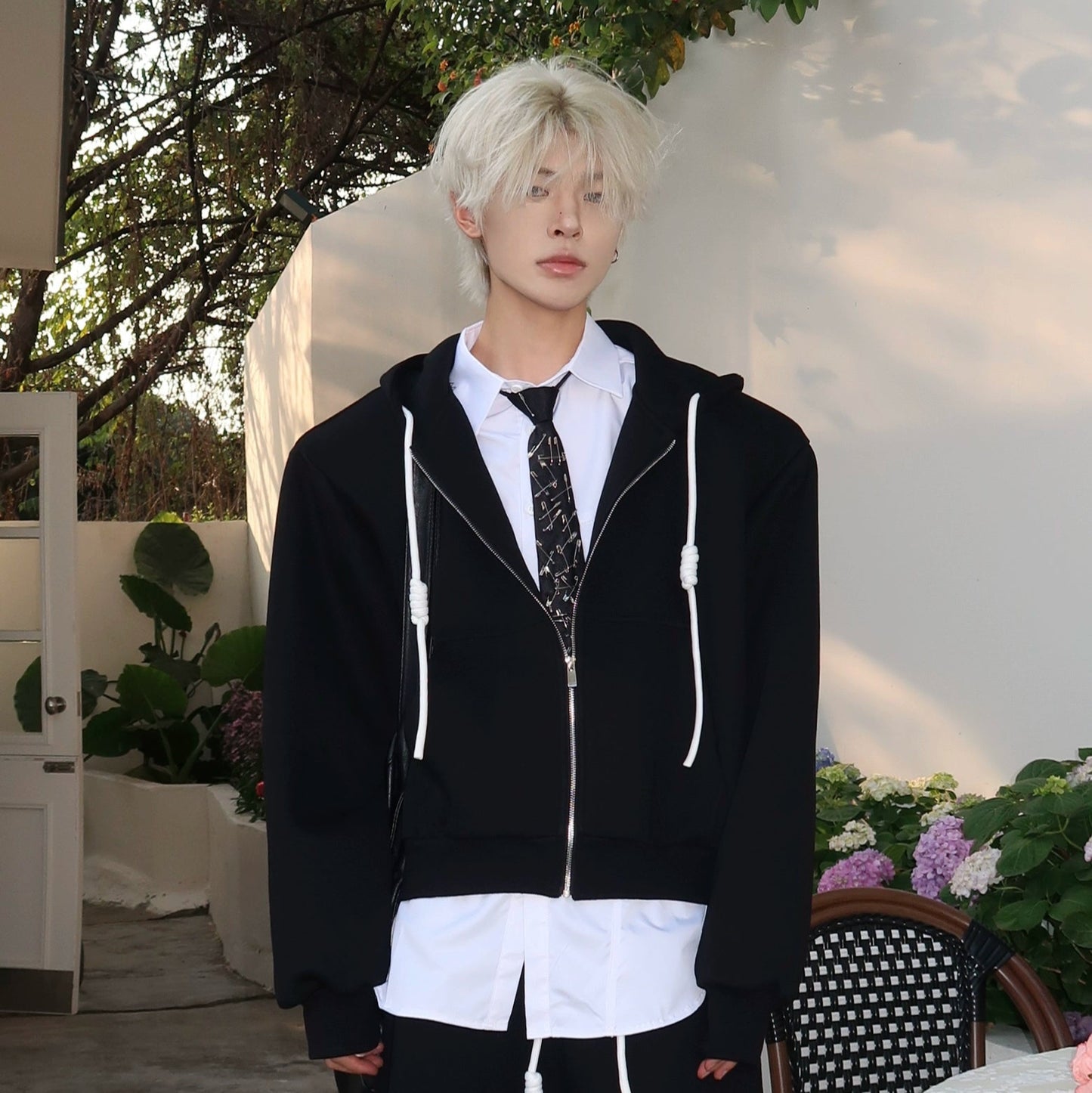 Drawstring Zipper Hoodie & Wide-leg Sweatpants Setup WN19870