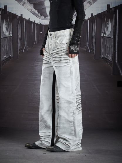 Hand Paint Whisker Honeycomb Wash Patchwork Straight Denim Jeans WN22907