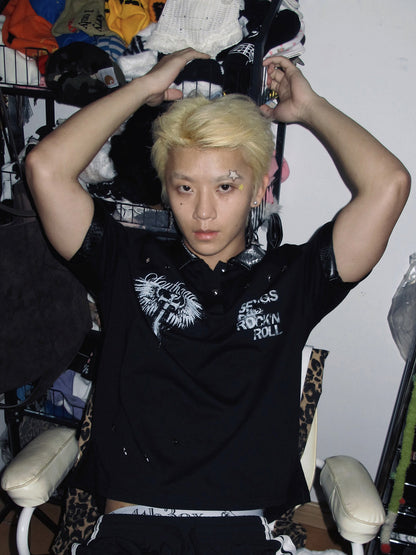 Rock Print Polo-Collar Short Sleeve  Polo Shirt WN27122