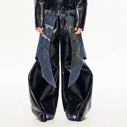 Frayed Denim Patch Rivet PU Leather Short Jacket & PU Leather Pants Setup WN22123