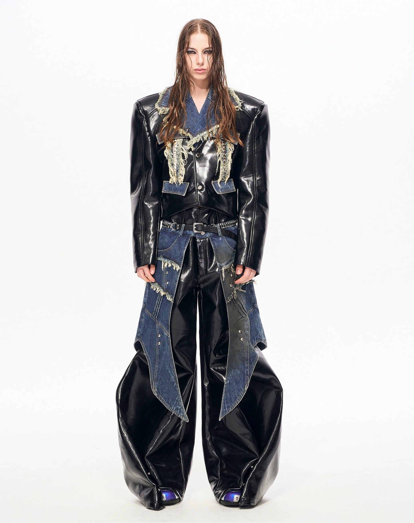 Frayed Denim Patch Rivet PU Leather Short Jacket & PU Leather Pants Setup WN22123