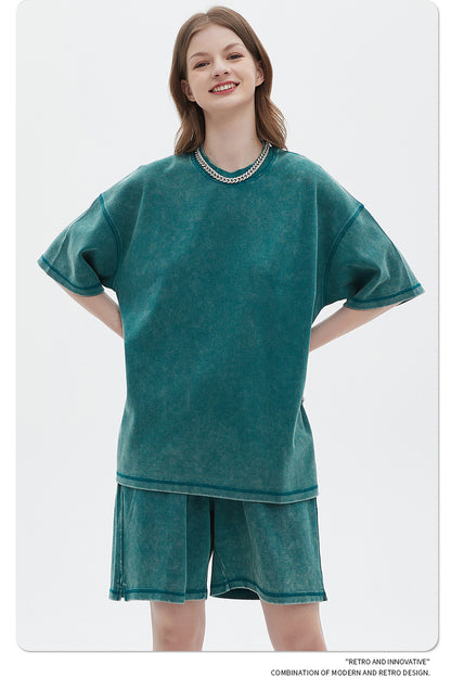 Oversize Washed Short-sleeve T-shirt & Washed Short Sweatpants Setup WN6612