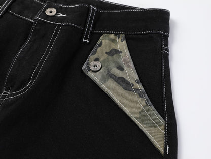 Camouflage Patchwork Letter Embroidery Rhinestone Wide Leg Denim Jeans WN27887