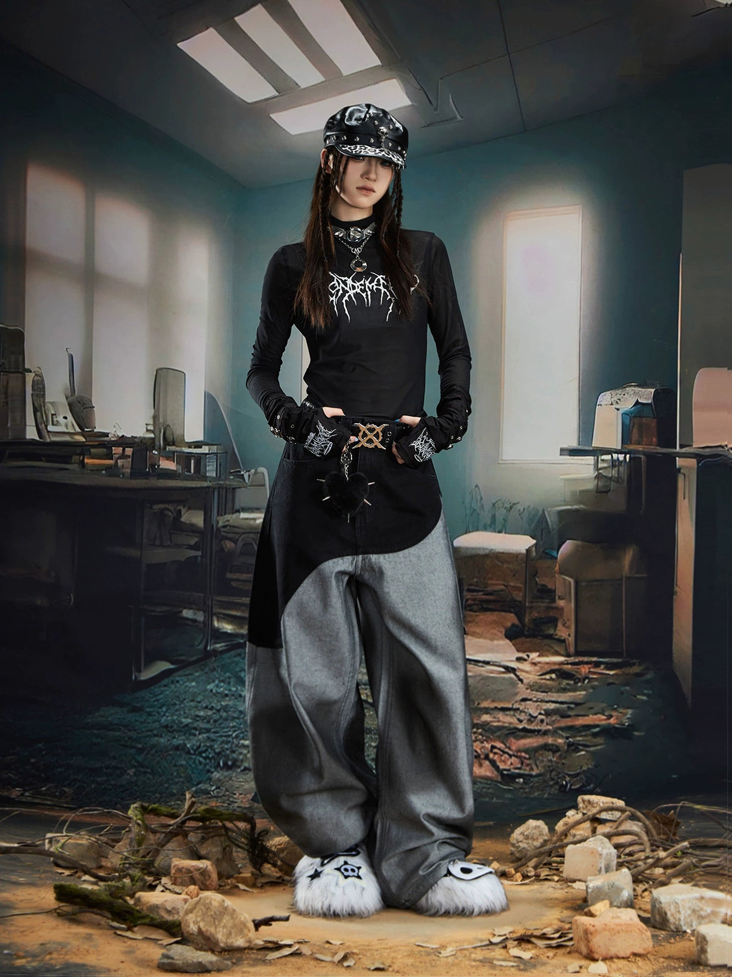 Patchwork Color Block Spray Paint Wide Leg Denim Jeans WN20576