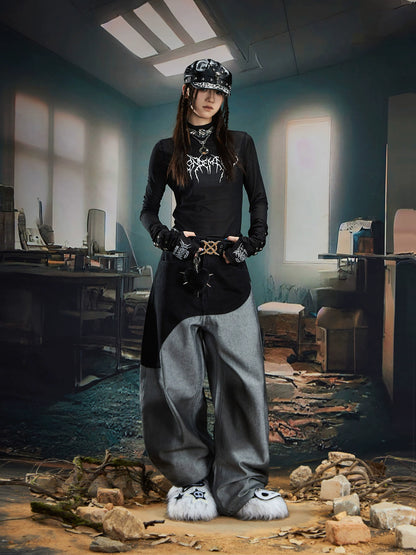 Patchwork Color Block Spray Paint Wide Leg Denim Jeans WN20576