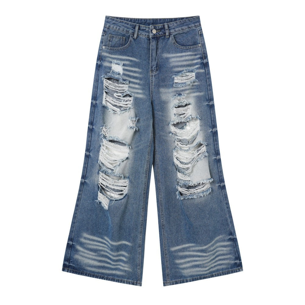 Damage Washed Wide Leg Denim Jeans WN27962