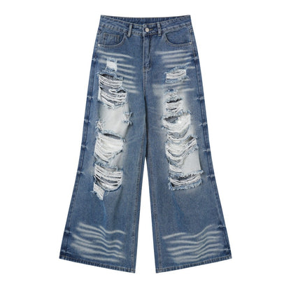 Damage Washed Wide Leg Denim Jeans WN27962