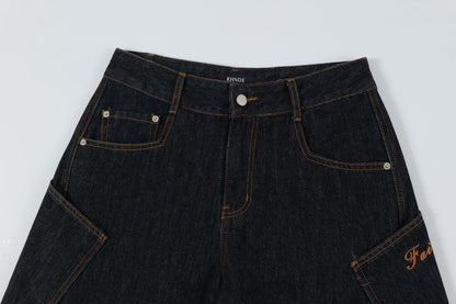 Patchwork Washed Straight-Leg Denim Jeans WN11327