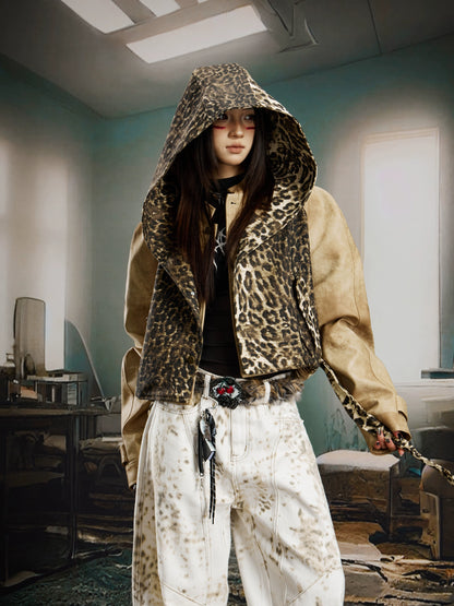 Deconstruction Patchwork Leopard Hooded PU Leather Jacket WN21381