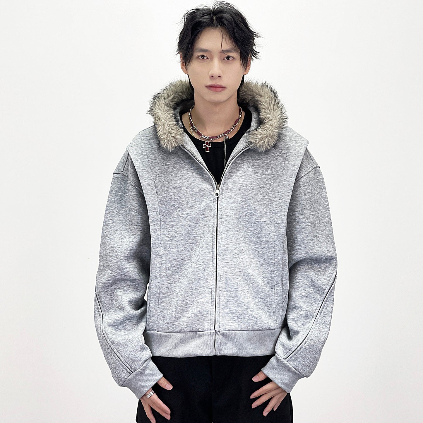 Fake Fur Collar Deconstructed Short Length Oversize Hoodie WN24236