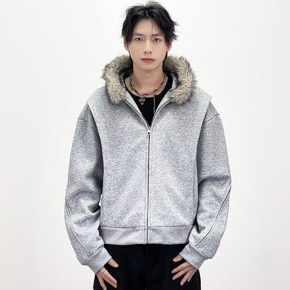 Fake Fur Collar Deconstructed Short Length Oversize Hoodie WN24236