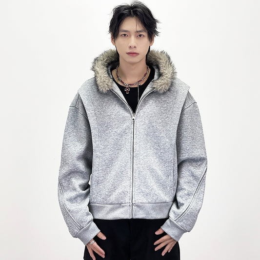 Fake Fur Collar Deconstructed Short Length Oversize Hoodie WN24236