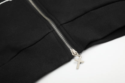 Knot Embroidery Metal Stud Cross Zipper Hoodie WN27796