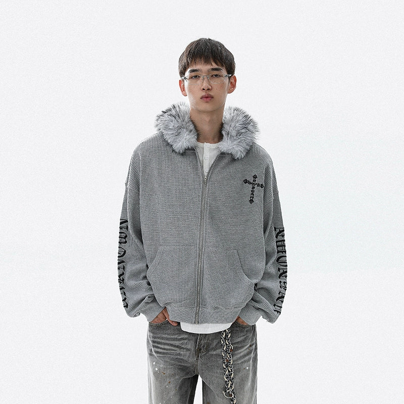 Embroidery Fake Fur-Collar Thick Zipper Hoodie WN22104