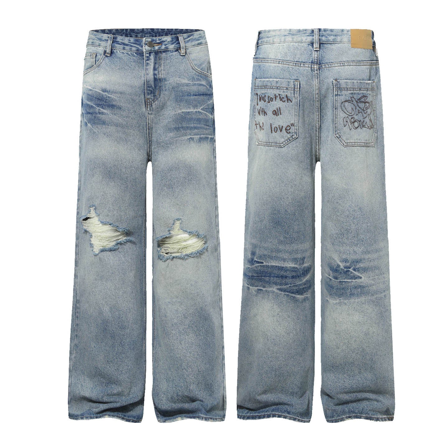 Washed Whisker Damage Wide Leg Denim Jeans WN26121