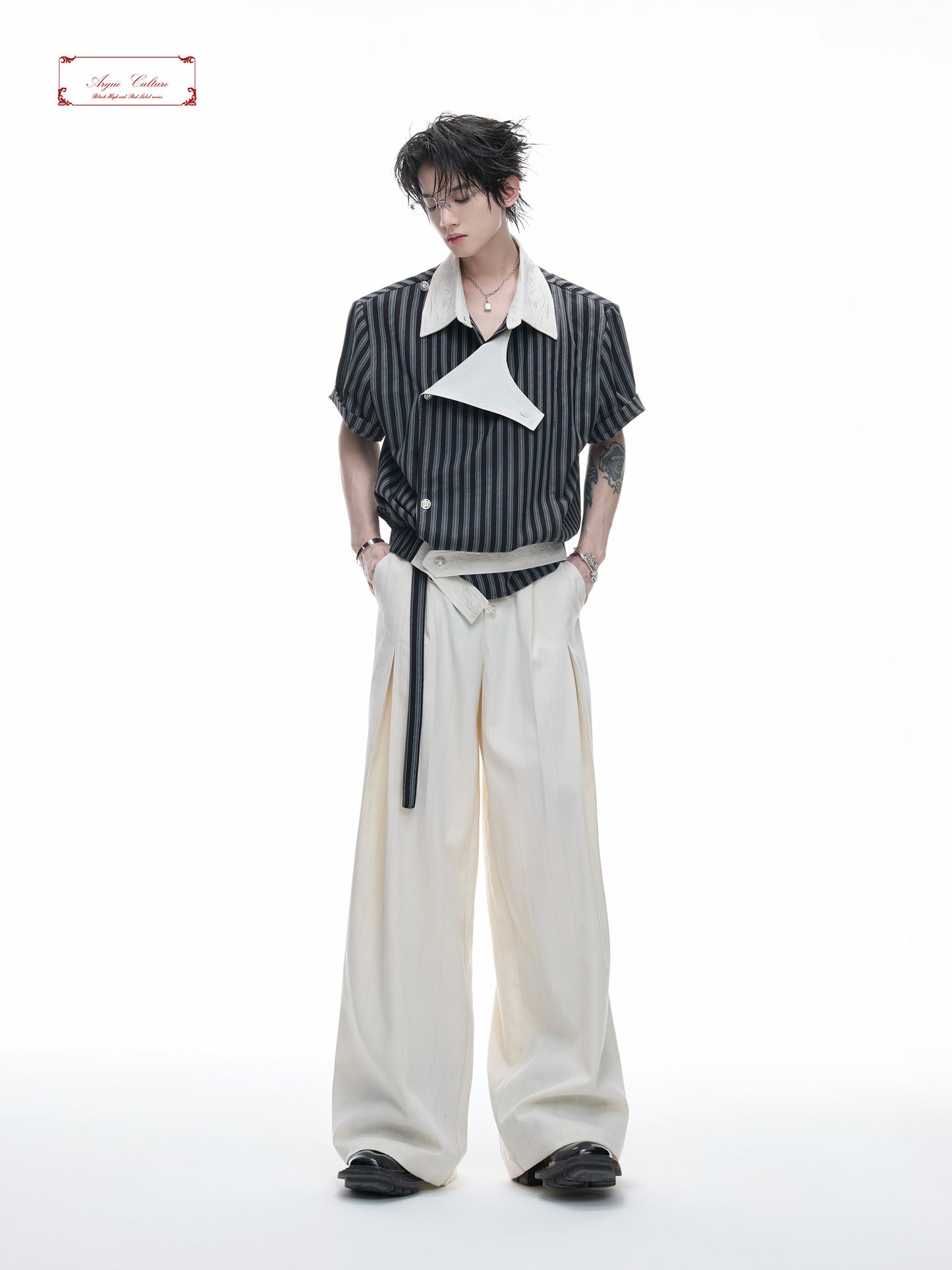 Deconstruction Stripe Embroidery Asymmetric Short Sleeve Shirt WN27020