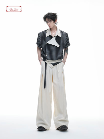 Deconstruction Stripe Embroidery Asymmetric Short Sleeve Shirt WN27020