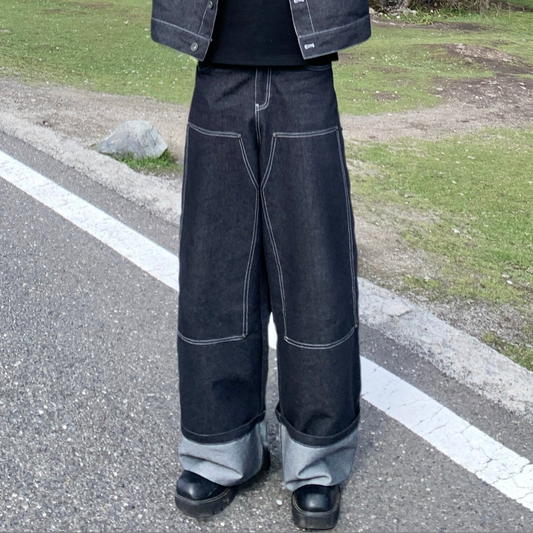 Wash Damage Oversize Denim Short Sleeve Jacket & Wash Damage Wide Leg Denim Jeans Setup WN25248