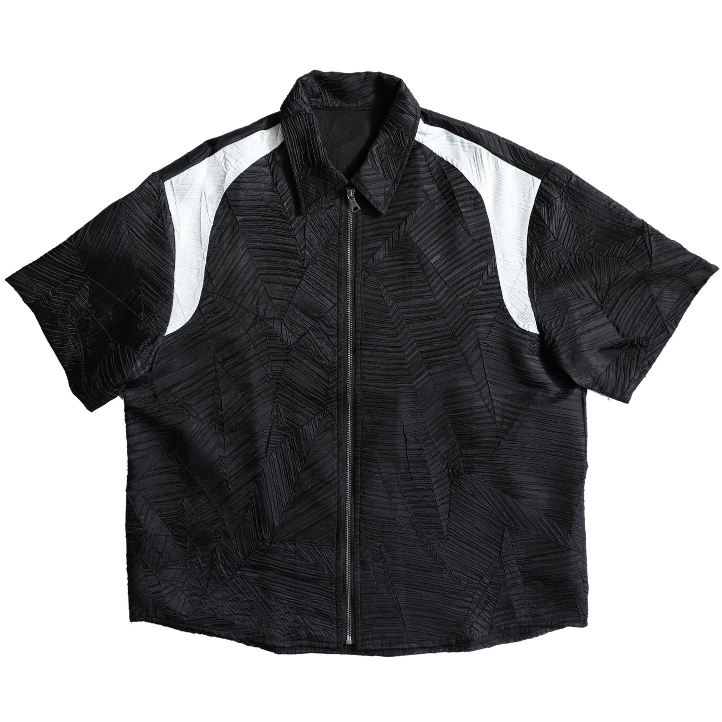 Contrast Patchwork Zipper Textured Short Sleeve Shirt WN20146