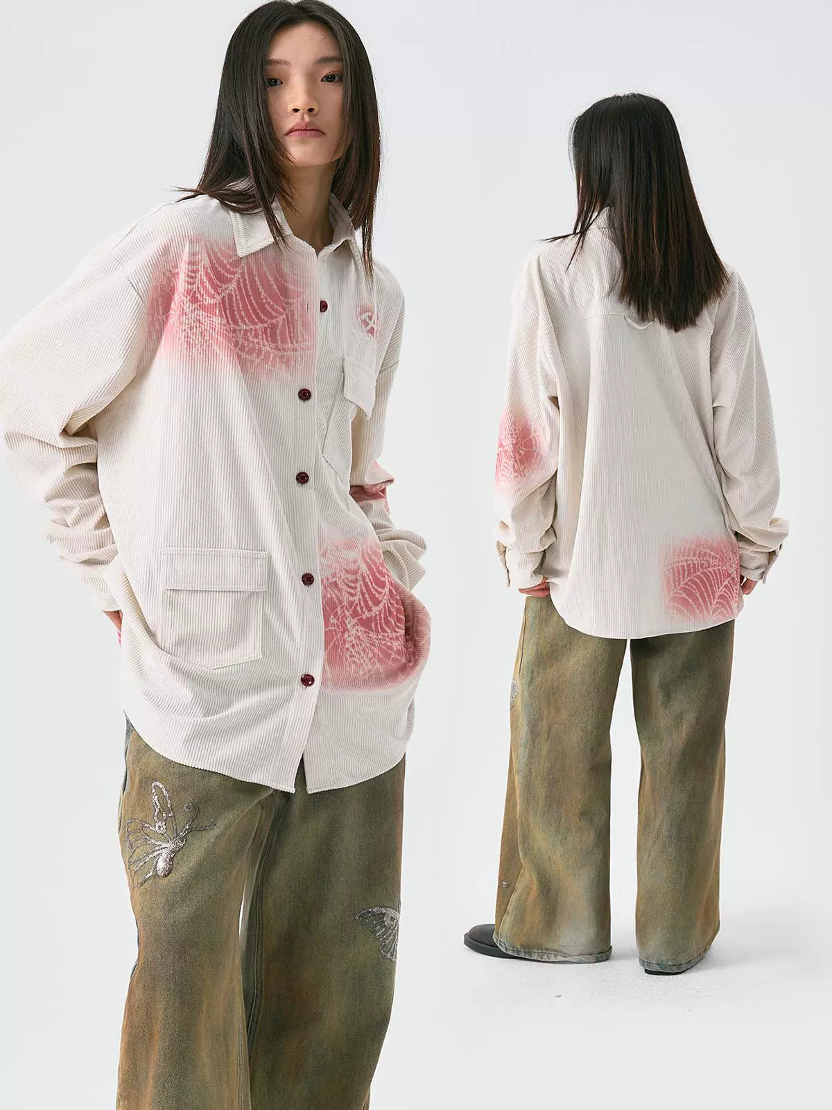 Pocket Design Corduroy Spray Print Long Sleeve Shirt WN18921