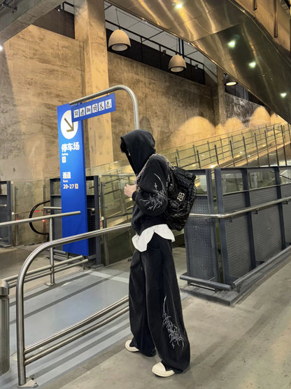 Hand Paint Oversize Zipper Hoodie & Wide-leg Sweatpants Setup WN20729