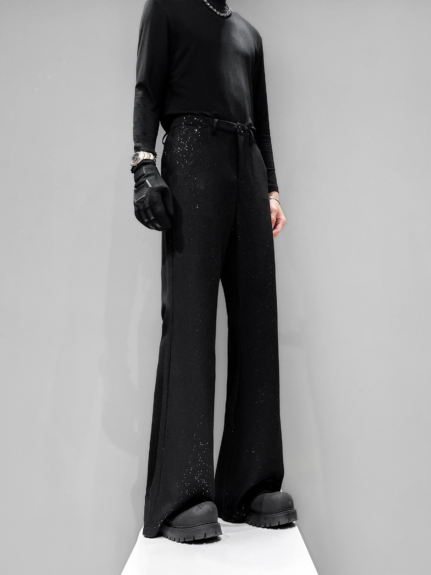 Foil Star Print Draped Flare Trousers WN23858