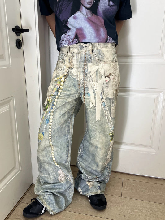 3D Print Washed Wide Leg Denim Jeans WN23038