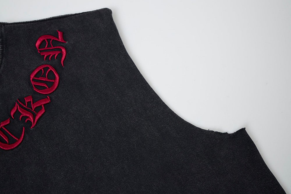 Washed Gothic Letter Embroidery Sleeveless T-Shirt WN27947