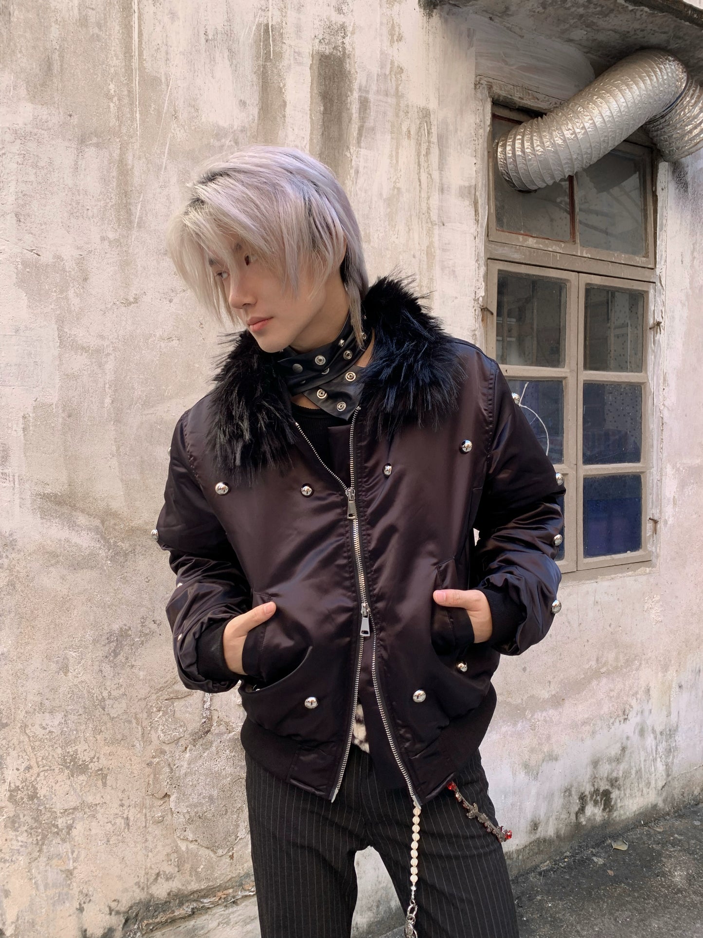 Fake Fur-Collar Rivet Zipper Bomber Jacket WN22206