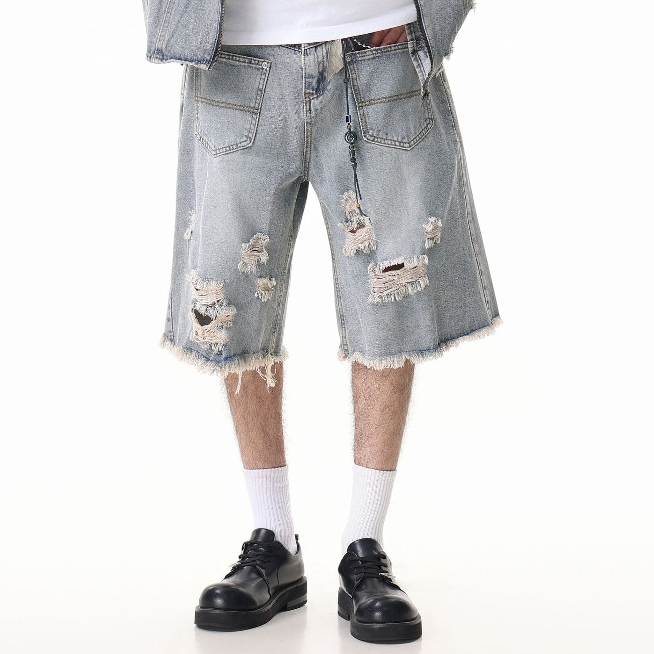 Washed Damage Wide Leg Denim Short Pants WN25596