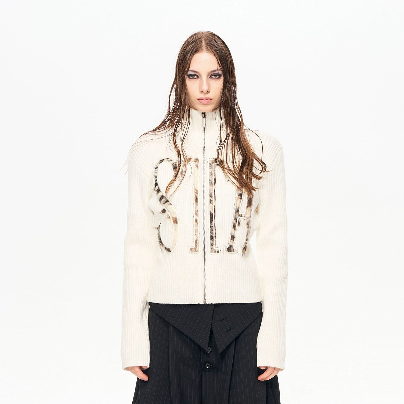 High-Neck Zipper Fake Fur Patch Slim Knit Cardigan WN22139