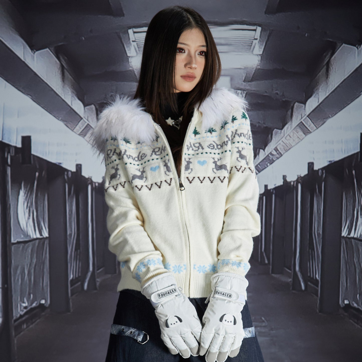 Detachable Fake Fur Hooded Zipper Knit Cardigan WN22845