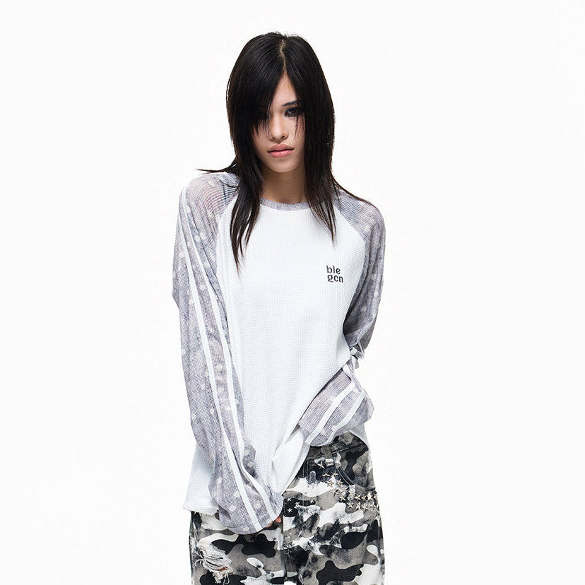 Waffle Contrast-Tape Embroidery Raglan Long Sleeve T-Shirt WN27323