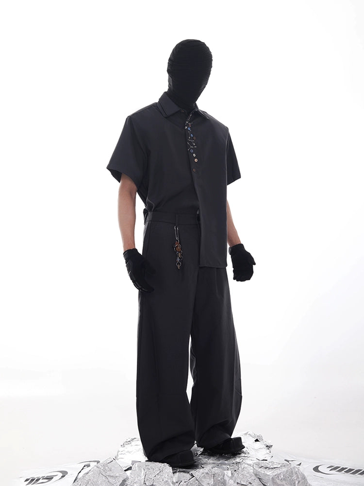 Double Collar Pin Decor Shoulder-Pad Short Sleeve Shirt & Ttrousers Setup WN18621