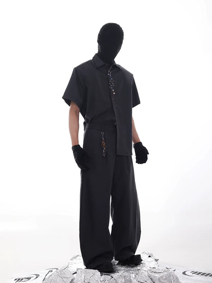 Double Collar Pin Decor Shoulder-Pad Short Sleeve Shirt & Ttrousers Setup WN18621