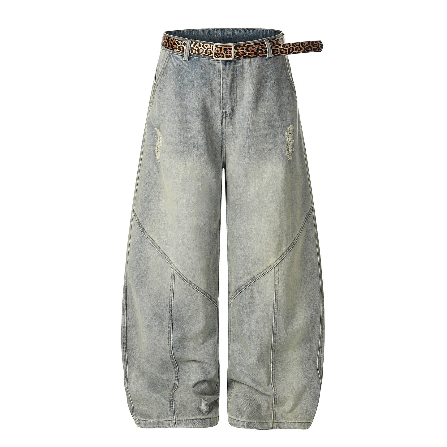 Washed Damage Panel Curved Denim Jeans WN25530