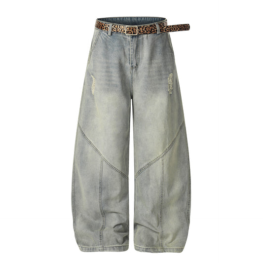 Washed Damage Panel Curved Denim Jeans WN25530