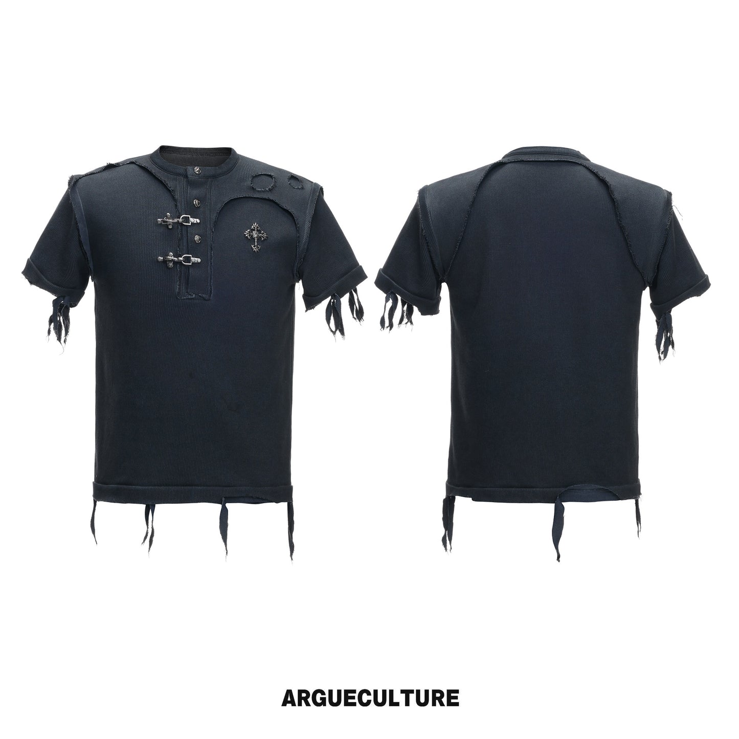 Henley-Neck Ribbed Damage Raw-Edge Short Sleeve T-Shirt WN27026