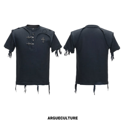 Henley-Neck Ribbed Damage Raw-Edge Short Sleeve T-Shirt WN27026