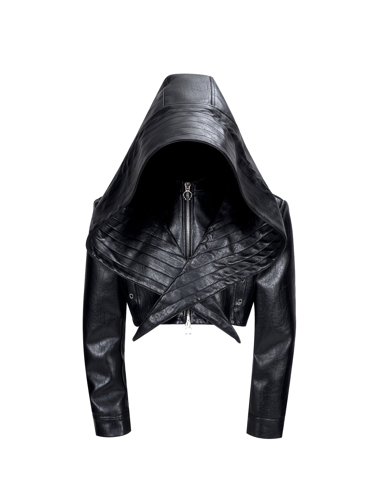 Bat Hat Design PU Leather Hooded Short Jacket WN20926