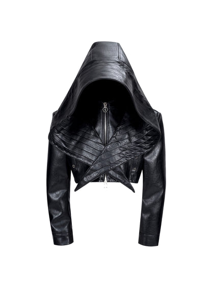 Bat Hat Design PU Leather Hooded Short Jacket WN20926