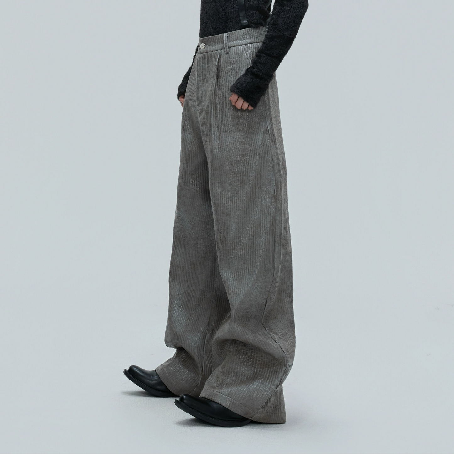 Waxed Textured PU Leather Wide Leg Pants WN21742