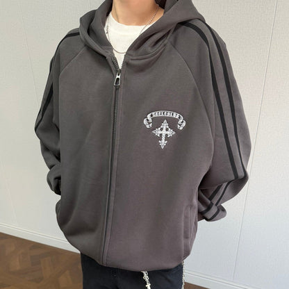 Stripe Cross Print Zipper Hoodie WN25496