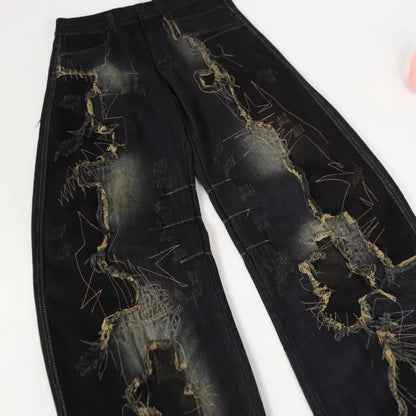 Damage Paint Graphic Wide Leg Denim Jeans WN28083
