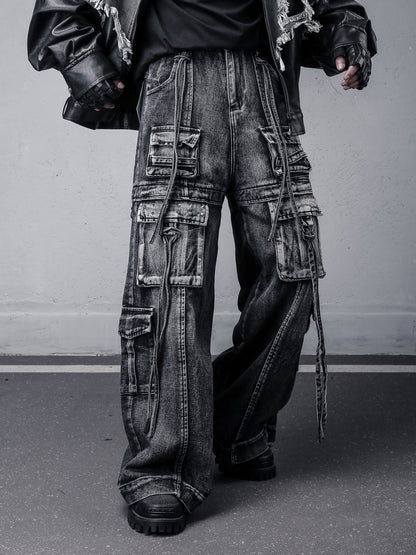 Damage Wash Studs Multi-Pocket Wide Leg Denim Jeans WN22540