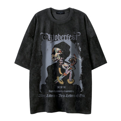 Fake Suede Skull Print Short Sleeve T-Shirt WN26836